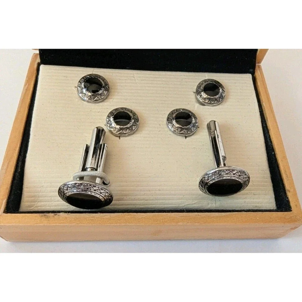 Geoffrey Beene Cuffinks & 4 Studs Dress Shirt Set Silver Plated & Black